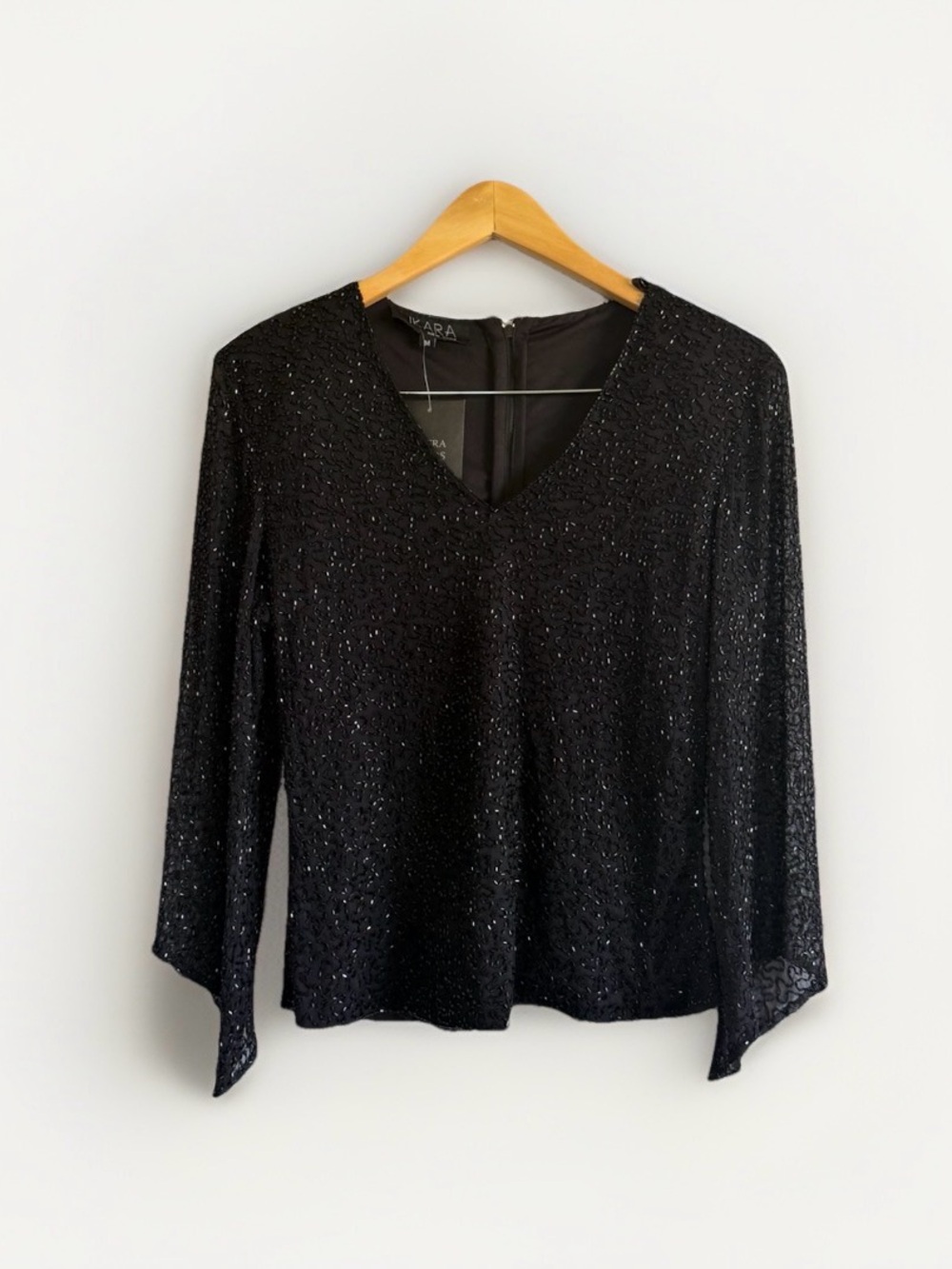 Beaded Black V-Neck Long Sleeve Top Special Social Formal Evening Blouse M JKARA